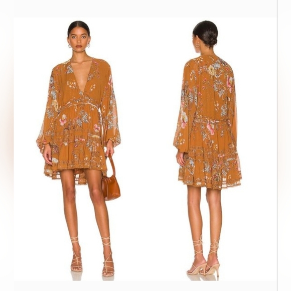 FREE PEOPLE Cherry Blossom Long Sleeve Plunge Neck Hi Low Hem Cottage Dress M - Picture 1 of 9